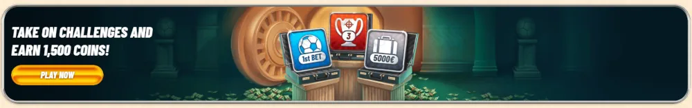 Banner de desafíos de juego Vegasino y recompensas de monedas de lealtad